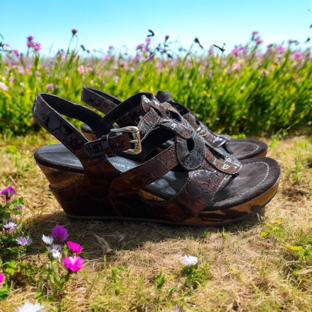 Donald Pliner Tortoise Tan Crocco Patent Sandel Made In‎ Italy size 8